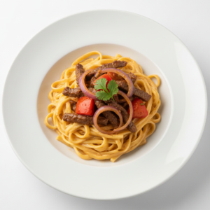 Fetuccini a la Huancaína con Lomo Saltado.